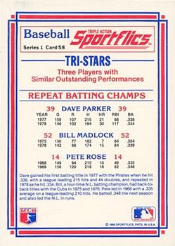 1986 Sportflics #58 Repeat Batting Champs (Bill Madlock / Dave Parker / Pete Rose) Back
