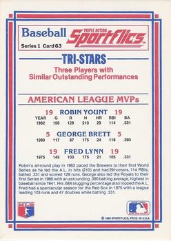 1986 Sportflics #63 AL MVPs (George Brett / Fred Lynn / Robin Yount) Back