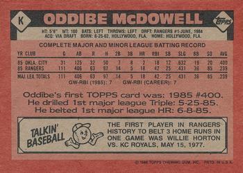1986 Topps - Wax Box Bottom Panels Singles #K Oddibe McDowell Back