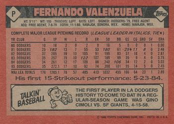 1986 Topps - Wax Box Bottom Panels Singles #P Fernando Valenzuela Back
