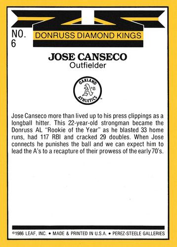 1987 Donruss - Super Diamond Kings #6 Jose Canseco Back