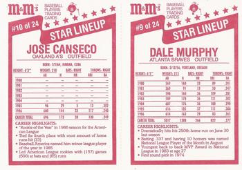 1987 M&M's Star Lineup - Panels #9-10 Dale Murphy / Jose Canseco Back