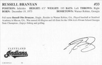 2001 Barry Colla #201 Russell Branyan Back