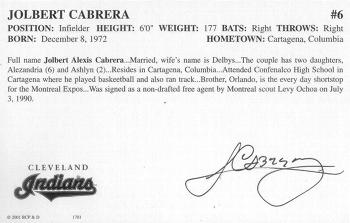2001 Barry Colla #1701 Jolbert Cabrera Back
