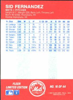 1987 Fleer Baseball All-Stars #16 Sid Fernandez Back