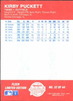1987 Fleer Baseball All-Stars #32 Kirby Puckett Back