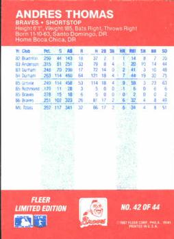 1987 Fleer Baseball All-Stars #42 Andres Thomas Back