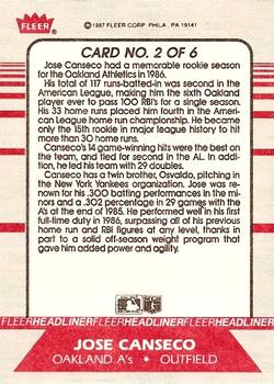 1987 Fleer - Headliners #2 Jose Canseco   Back