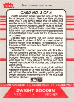 1987 Fleer - Headliners #3 Dwight Gooden   Back
