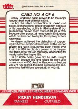 1987 Fleer - Headliners #4 Rickey Henderson  Back