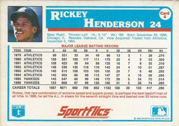 1987 Sportflics #4 Rickey Henderson Back