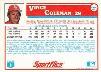 1987 Sportflics #65 Vince Coleman Back