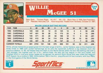 1987 Sportflics #74 Willie McGee Back