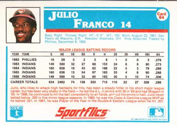 1987 Sportflics #84 Julio Franco Back