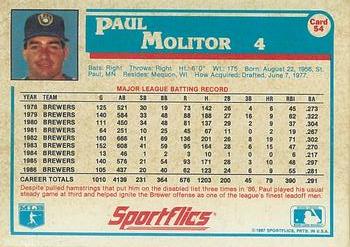 1987 Sportflics #54 Paul Molitor Back