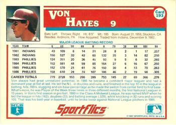 1987 Sportflics #193 Von Hayes Back