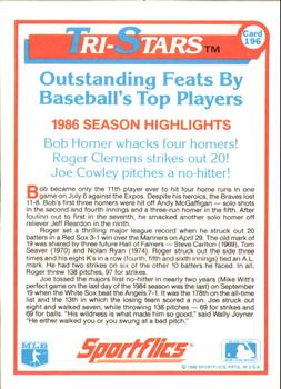1987 Sportflics #196 Bob Horner / Roger Clemens / Joe Cowley Back