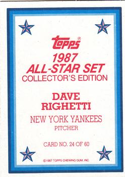 1987 Topps - 1987 All-Star Set Collector's Edition (Glossy Send-Ins) #24 Dave Righetti Back