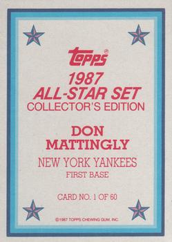 1987 Topps - 1987 All-Star Set Collector's Edition (Glossy Send-Ins) #1 Don Mattingly Back