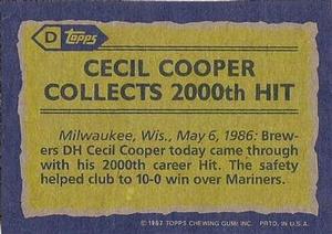 1987 Topps - Wax Box Side Panels Singles #D Cecil Cooper Back