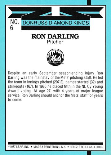 1988 Donruss - Super Diamond Kings #6 Ron Darling Back