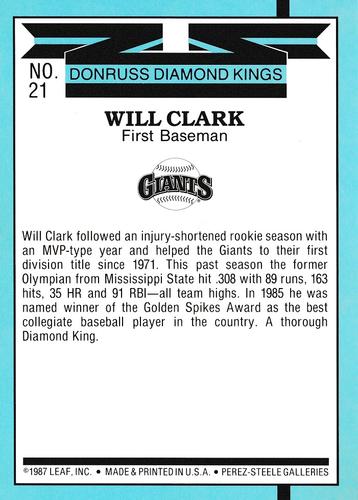 1988 Donruss - Super Diamond Kings #21 Will Clark Back