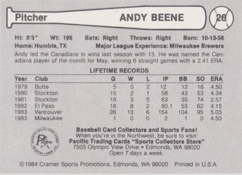 1984 Cramer Vancouver Canadians #26 Andy Beene Back