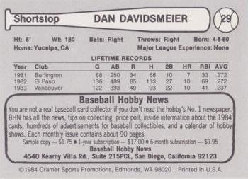 1984 Cramer Vancouver Canadians #29 Dan Davidsmeier Back