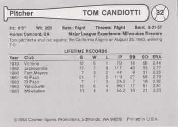 1984 Cramer Vancouver Canadians #32 Tom Candiotti Back
