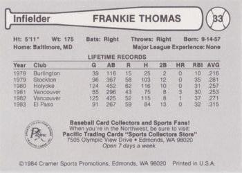 1984 Cramer Vancouver Canadians #33 Frankie Thomas Back
