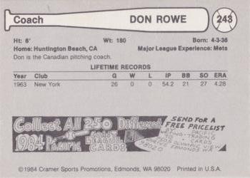 1984 Cramer Vancouver Canadians #243 Don Rowe Back