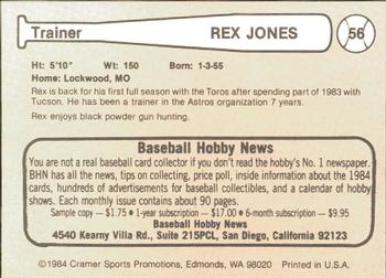 1984 Cramer Tucson Toros #56 Rex Jones Back