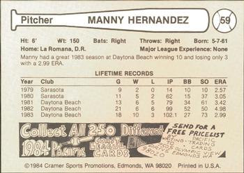1984 Cramer Tucson Toros #59 Manny Hernandez Back