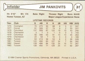 1984 Cramer Tucson Toros #61 Jim Pankovits Back