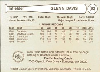 1984 Cramer Tucson Toros #62 Glenn Davis Back