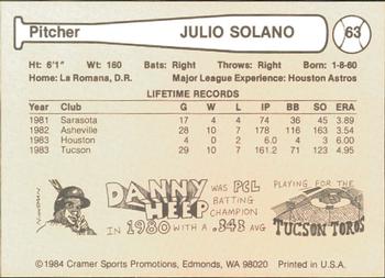 1984 Cramer Tucson Toros #63 Julio Solano Back