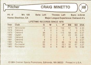 1984 Cramer Tucson Toros #69 Craig Minetto Back
