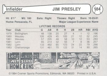 1984 Cramer Salt Lake City Gulls #184 Jim Presley Back