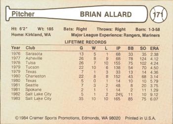 1984 Cramer Salt Lake City Gulls #171 Brian Allard Back