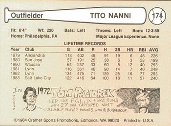 1984 Cramer Salt Lake City Gulls #174 Tito Nanni Back