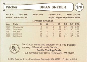 1984 Cramer Salt Lake City Gulls #178 Brian Snyder Back