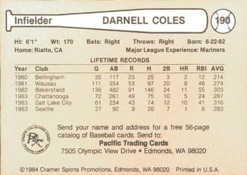 1984 Cramer Salt Lake City Gulls #190 Darnell Coles Back