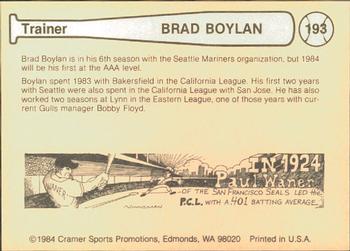 1984 Cramer Salt Lake City Gulls #193 Brad Boylan Back