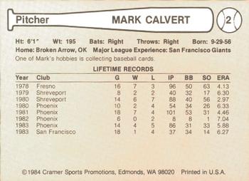 1984 Cramer Phoenix Giants #2 Mark Calvert Back