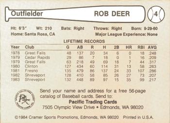 1984 Cramer Phoenix Giants #4 Rob Deer Back