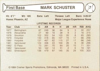 1984 Cramer Phoenix Giants #7 Mark Schuster Back