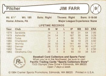 1984 Cramer Phoenix Giants #9 Jim Farr Back