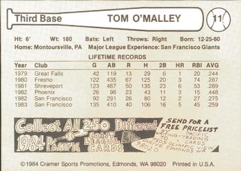 1984 Cramer Phoenix Giants #11 Tom O'Malley Back