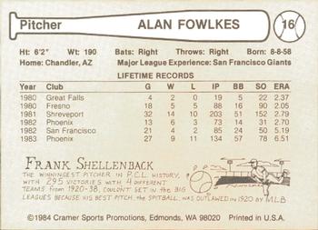 1984 Cramer Phoenix Giants #16 Alan Fowlkes Back