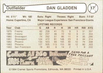 1984 Cramer Phoenix Giants #17 Dan Gladden Back